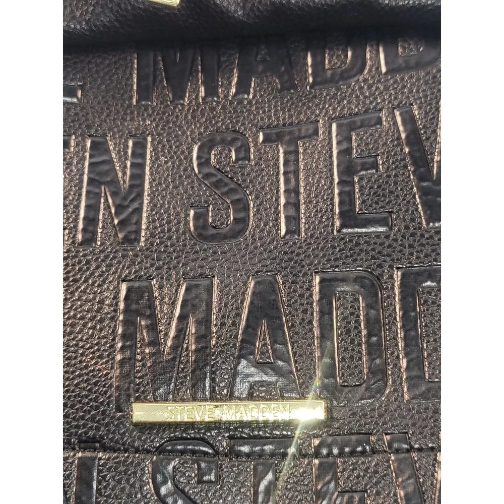 Steve Madden Womens Black Embossed Logo PVC Backpack Large Casual Daily Bag Work